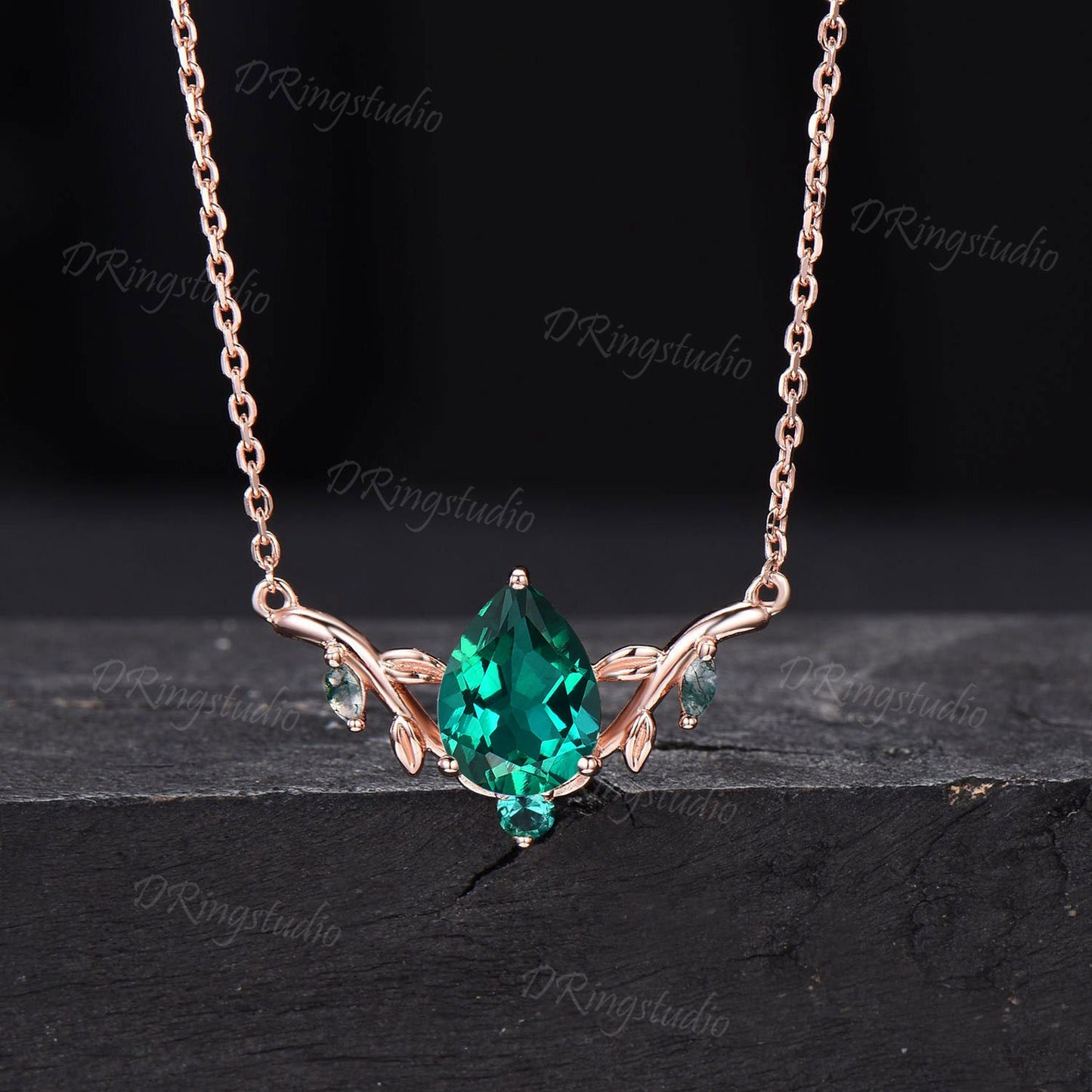 Pear Shaped Green Emerald Necklace White Gold Twig Leaf Vine Necklace Boho Green Gemstone Pendant Marquise Moss Agate Necklace Proposal Gift