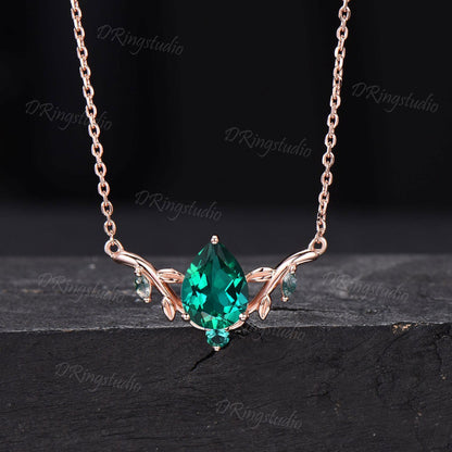 Pear Shaped Green Emerald Necklace White Gold Twig Leaf Vine Necklace Boho Green Gemstone Pendant Marquise Moss Agate Necklace Proposal Gift