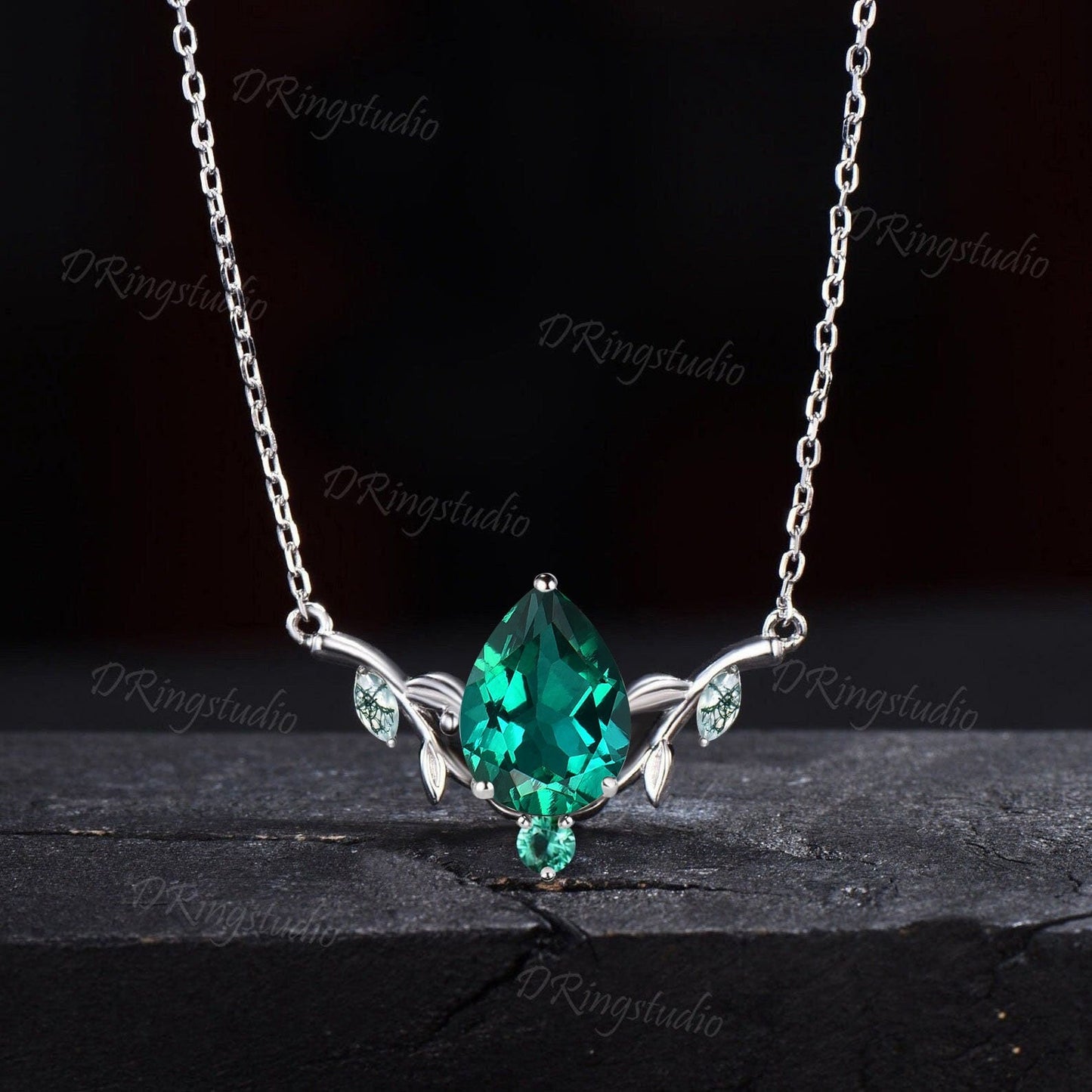 Pear Shaped Green Emerald Necklace White Gold Twig Leaf Vine Necklace Boho Green Gemstone Pendant Marquise Moss Agate Necklace Proposal Gift