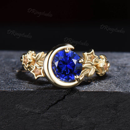 14k Gold Star Moon Engagement Ring Unique Round Blue Sapphire Promise Ring Celestial Citrine Wedding Ring September Birthstone Birthday Gift