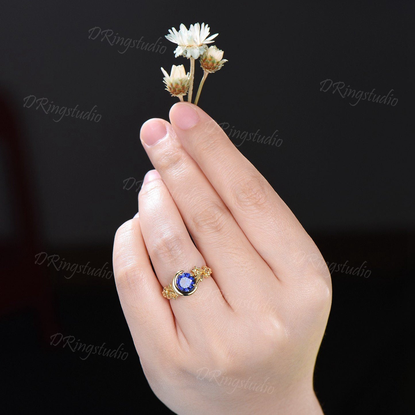 14k Gold Star Moon Engagement Ring Unique Round Blue Sapphire Promise Ring Celestial Citrine Wedding Ring September Birthstone Birthday Gift