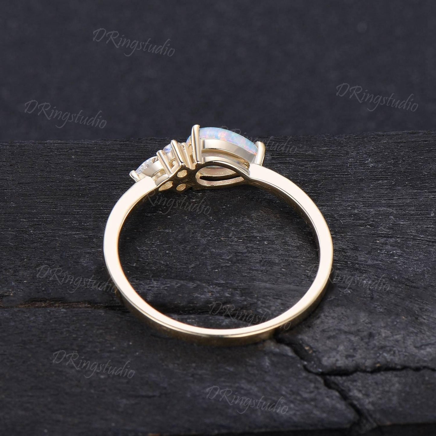 14k Gold Pear Shaped White Opal Engagement Ring Unique Opal Moonstone Ring Fire Opal Plain Band October Birthstone Minimalist Wedding Ring