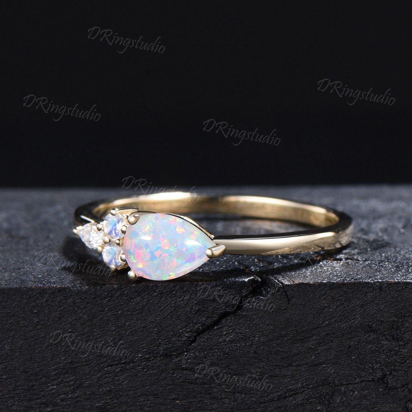 14k Gold Pear Shaped White Opal Engagement Ring Unique Opal Moonstone Ring Fire Opal Plain Band October Birthstone Minimalist Wedding Ring