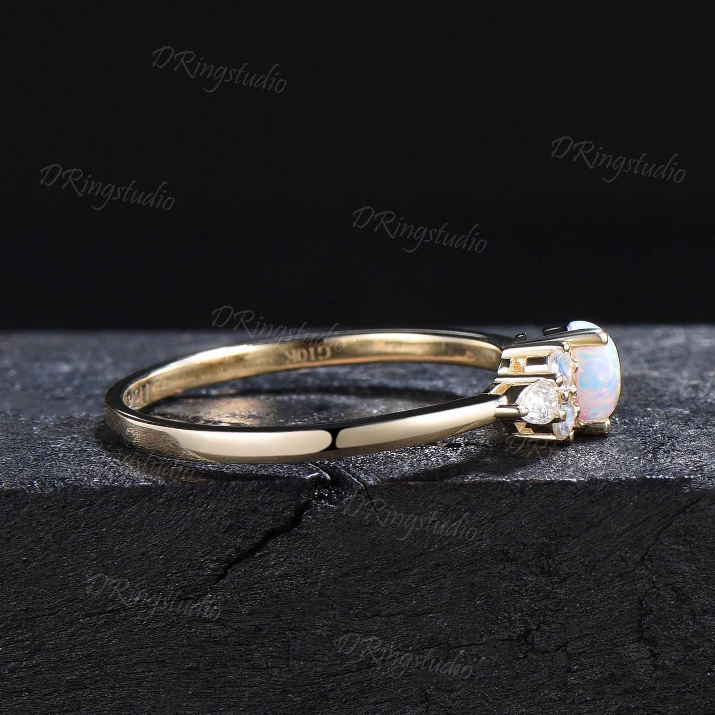 14k Gold Pear Shaped White Opal Engagement Ring Unique Opal Moonstone Ring Fire Opal Plain Band October Birthstone Minimalist Wedding Ring