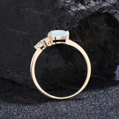 14k Gold Pear Shaped White Opal Engagement Ring Unique Opal Moonstone Ring Fire Opal Plain Band October Birthstone Minimalist Wedding Ring