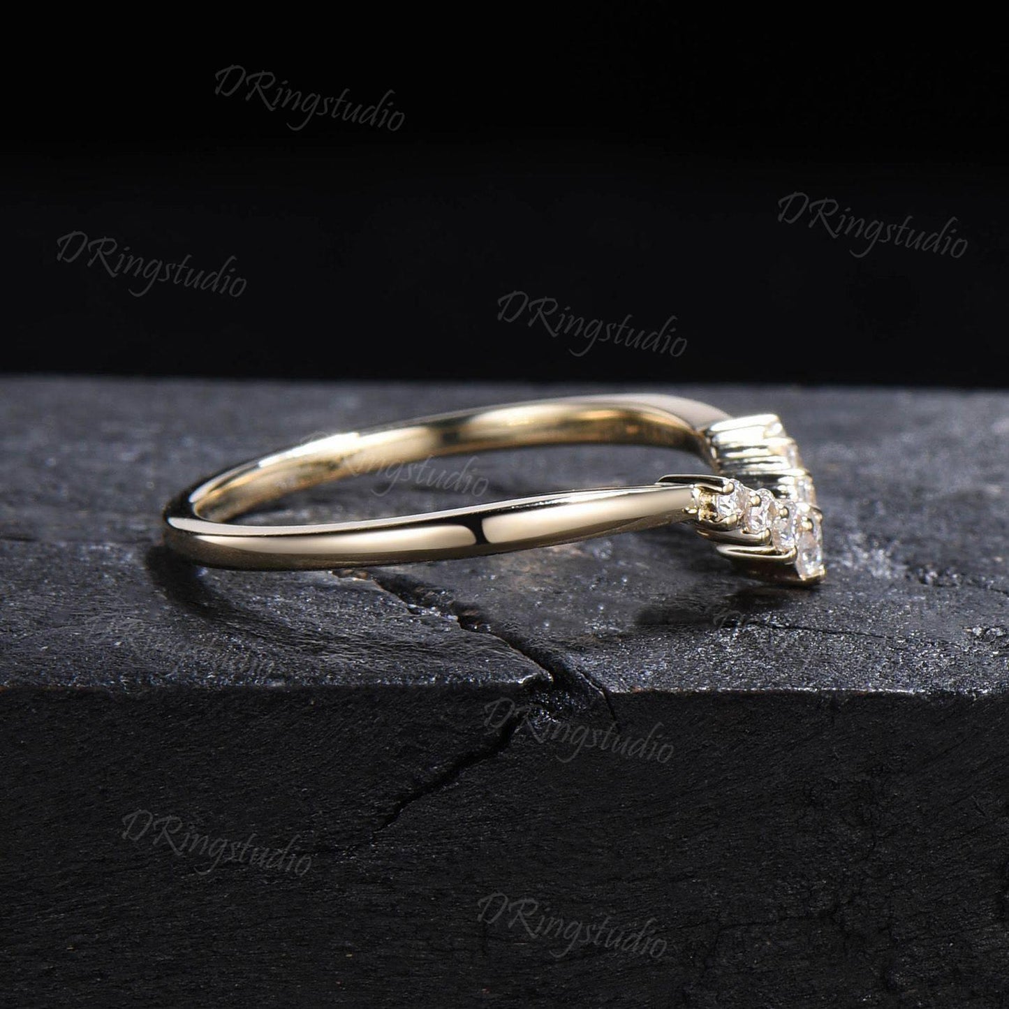 14k Solid Gold Curved Wedding Band 7 Stone Round Moissanite Diamond Band Chevron Matching Bridal Ring Minimalist Band Proposal Gift for Her