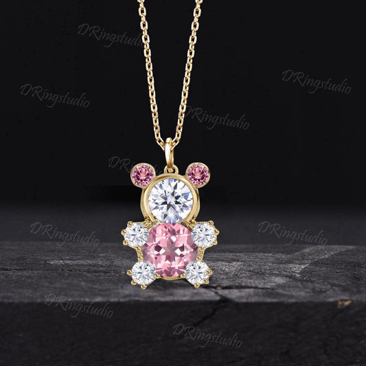 Teddy Bear Charm Pendant Unique Round Pink Sapphire Bear Necklace 10k/14k Gold Padparadscha Sapphire Diamond Necklace Cute Gift for Daughter