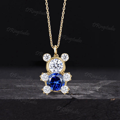 Unique Round Blue Sapphire Charm Necklace 14k Gold Teddy Bear Pendant Teddy Bear Diamond Necklace Gemstone Necklace Teddy Jewelry for Friend