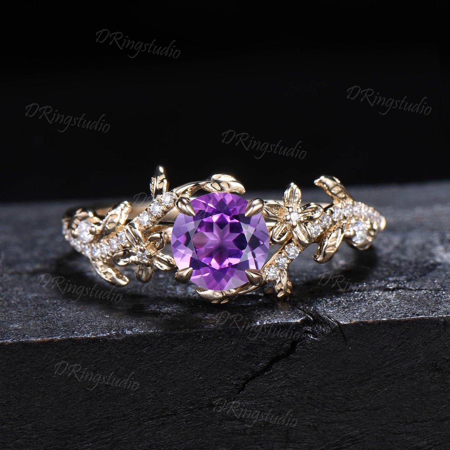 Vintage Round Amethyst Floral Engagement Ring 14k Solid Gold Flower Bridal Promise Ring Leaf Vine Diamond Wedding Ring Nature Inspired Ring