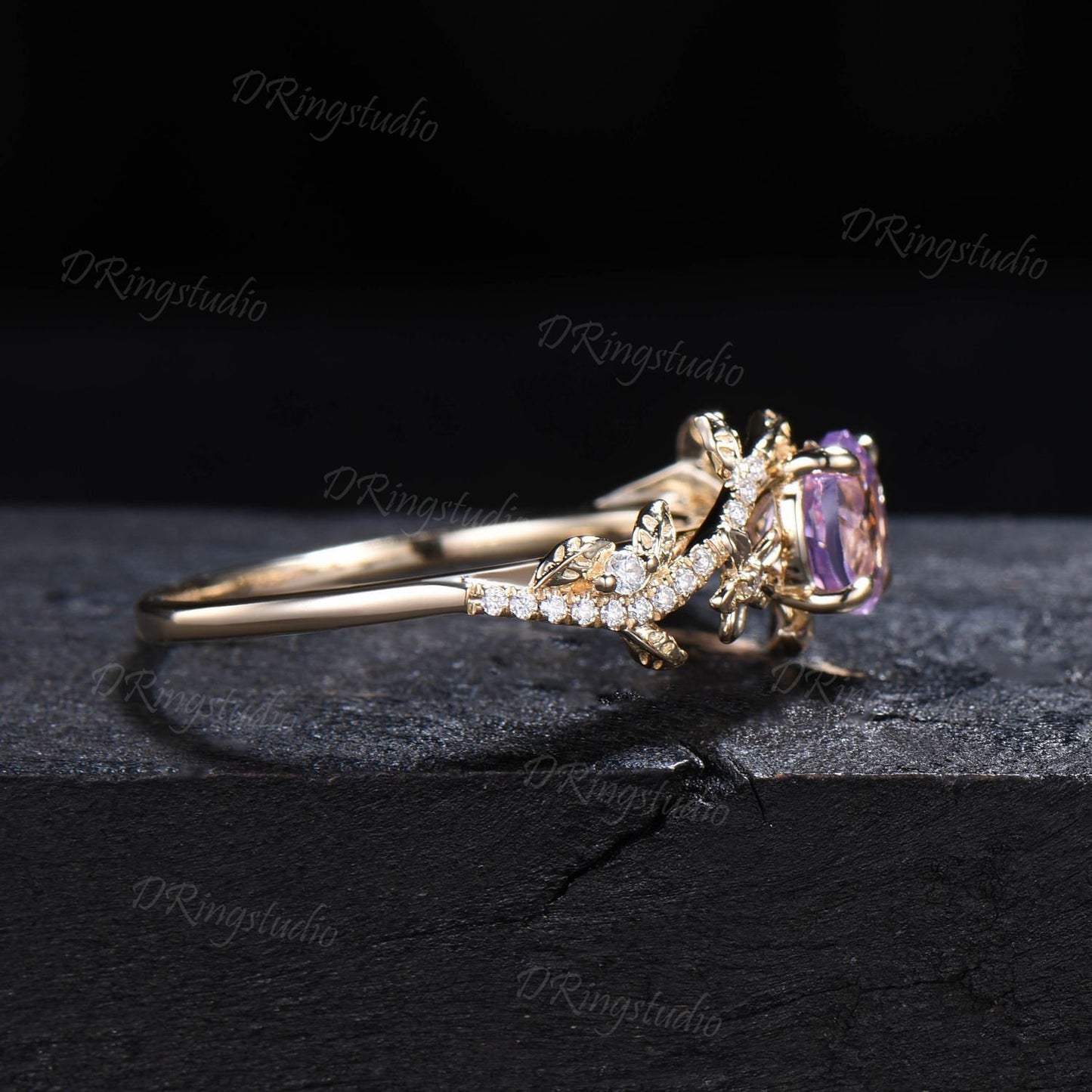 Vintage Round Amethyst Floral Engagement Ring 14k Solid Gold Flower Bridal Promise Ring Leaf Vine Diamond Wedding Ring Nature Inspired Ring