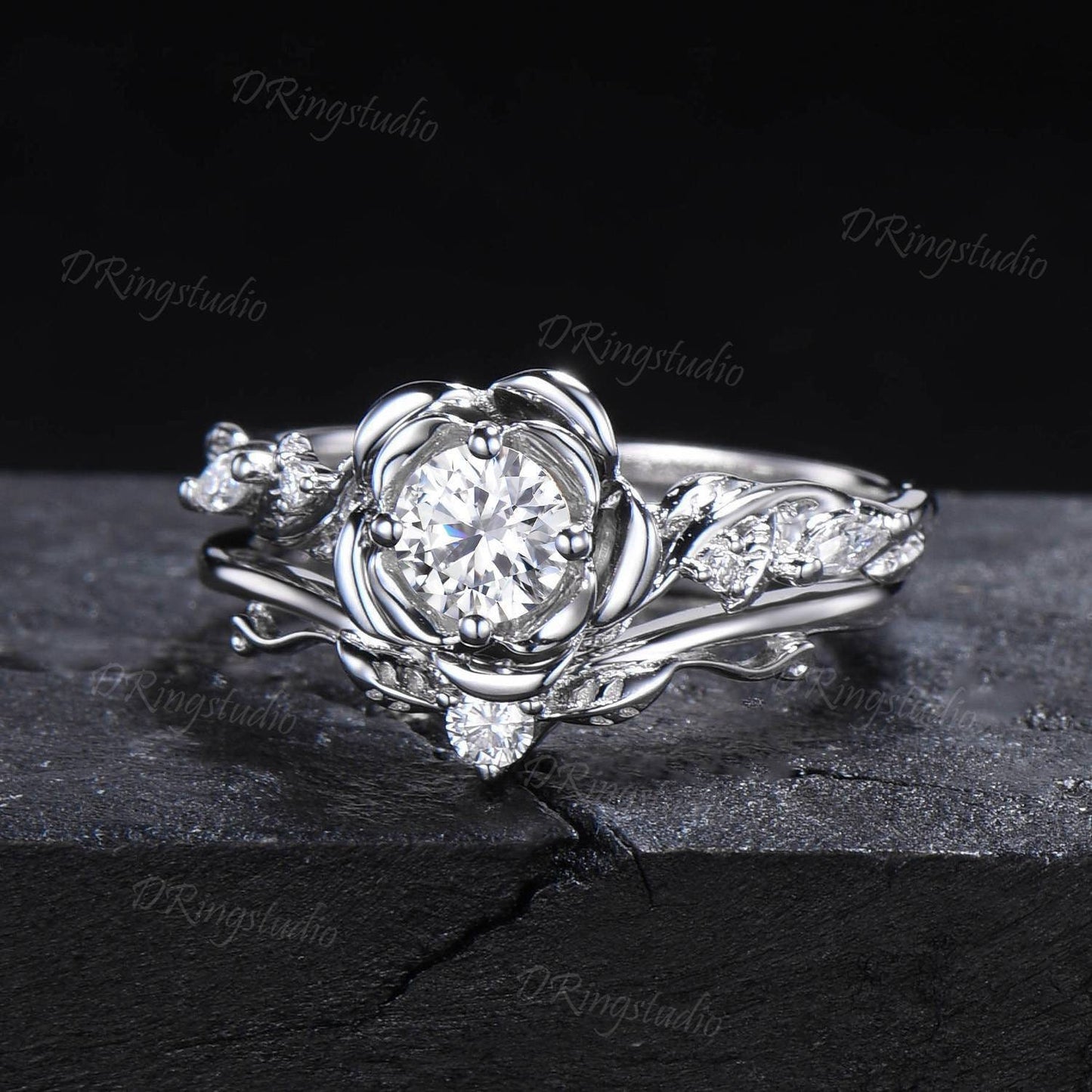 Moissanite Flower Wedding Ring Set 0.5ct Round Diamond Moissanite Engagement Ring 10k/14k White Gold Floral Bridal Ring Set Branch Leaf Ring