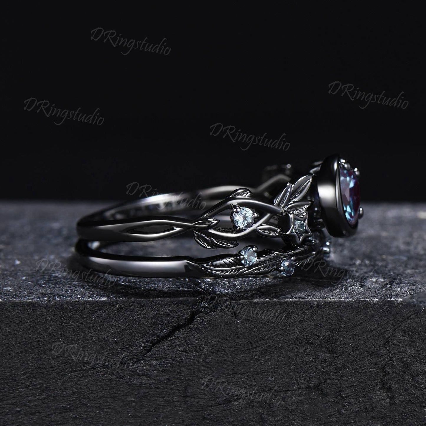 Moon Star Color-Change Alexandrite Engagement Ring Set Black Gold Round Alexandrite Wedding Ring Black Branch Leaf Bridal Set Proposal Gift