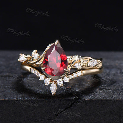 14k Gold Teardrop Garnet Engagement Ring Leaf Vine Natural Garnet Wedding Ring Nature Inspired Red Gemstone Bridal Ring Set Anniversary Gift