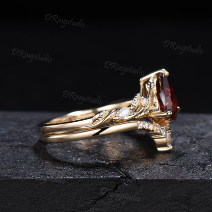 14k Gold Teardrop Garnet Engagement Ring Leaf Vine Natural Garnet Wedding Ring Nature Inspired Red Gemstone Bridal Ring Set Anniversary Gift