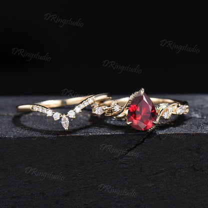 14k Gold Teardrop Garnet Engagement Ring Leaf Vine Natural Garnet Wedding Ring Nature Inspired Red Gemstone Bridal Ring Set Anniversary Gift