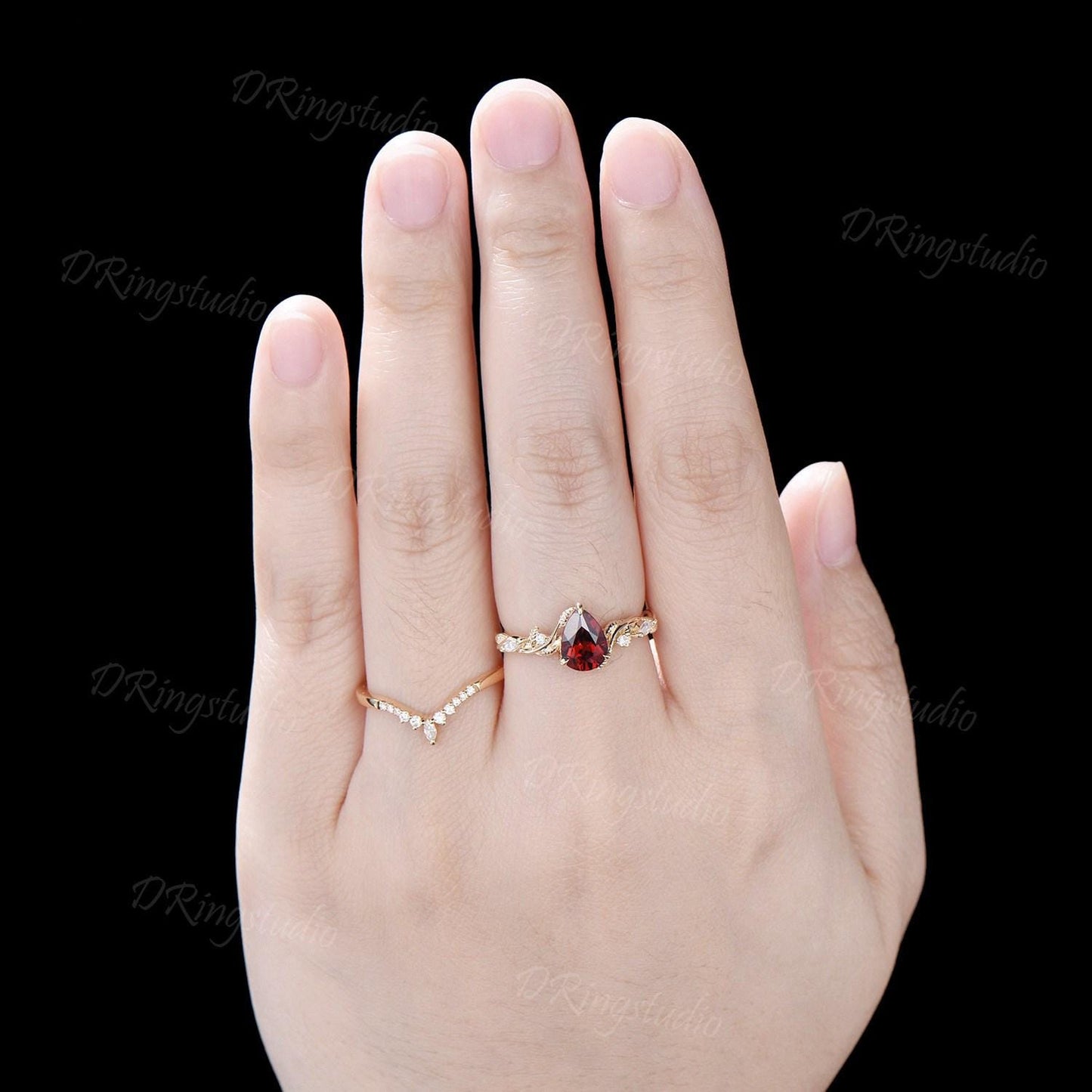 14k Gold Teardrop Garnet Engagement Ring Leaf Vine Natural Garnet Wedding Ring Nature Inspired Red Gemstone Bridal Ring Set Anniversary Gift