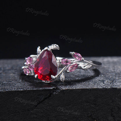 Teardrop Ruby Engagement Ring Nature Inspired Leaf Branch Promise Ring 14k Rose Gold Cluster Pink Tourmaline Wedding Ring Anniversary Gift