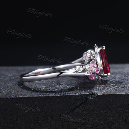 Teardrop Ruby Engagement Ring Nature Inspired Leaf Branch Promise Ring 14k Rose Gold Cluster Pink Tourmaline Wedding Ring Anniversary Gift