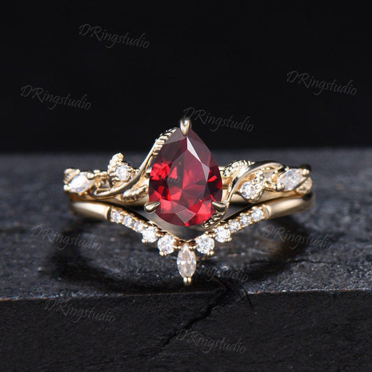 14k Gold Teardrop Garnet Engagement Ring Leaf Vine Natural Garnet Wedding Ring Nature Inspired Red Gemstone Bridal Ring Set Anniversary Gift