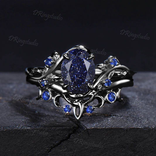 Black Twig Leaf Engagement Ring Gothic Black Gold Oval Cut Blue Sandstone Ring Set Unique Celtic Moon Blue Sapphire Wedding Ring Witchy Ring