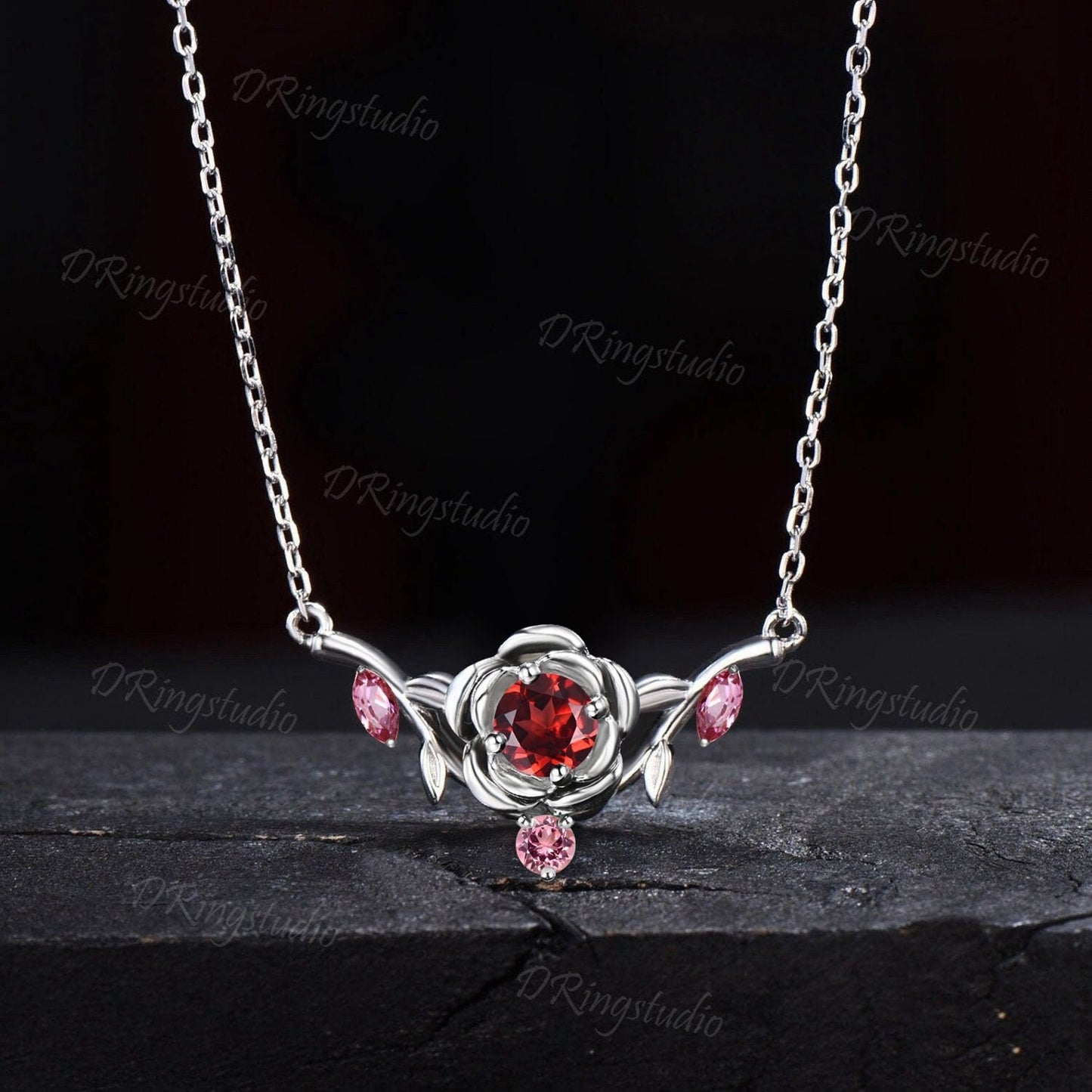 Rose Flower Natural Garnet Wedding Necklace Nature Inspired White Gold Pendant Marquise Pink Tourmaline Necklace Leaf Vine Floral Necklace