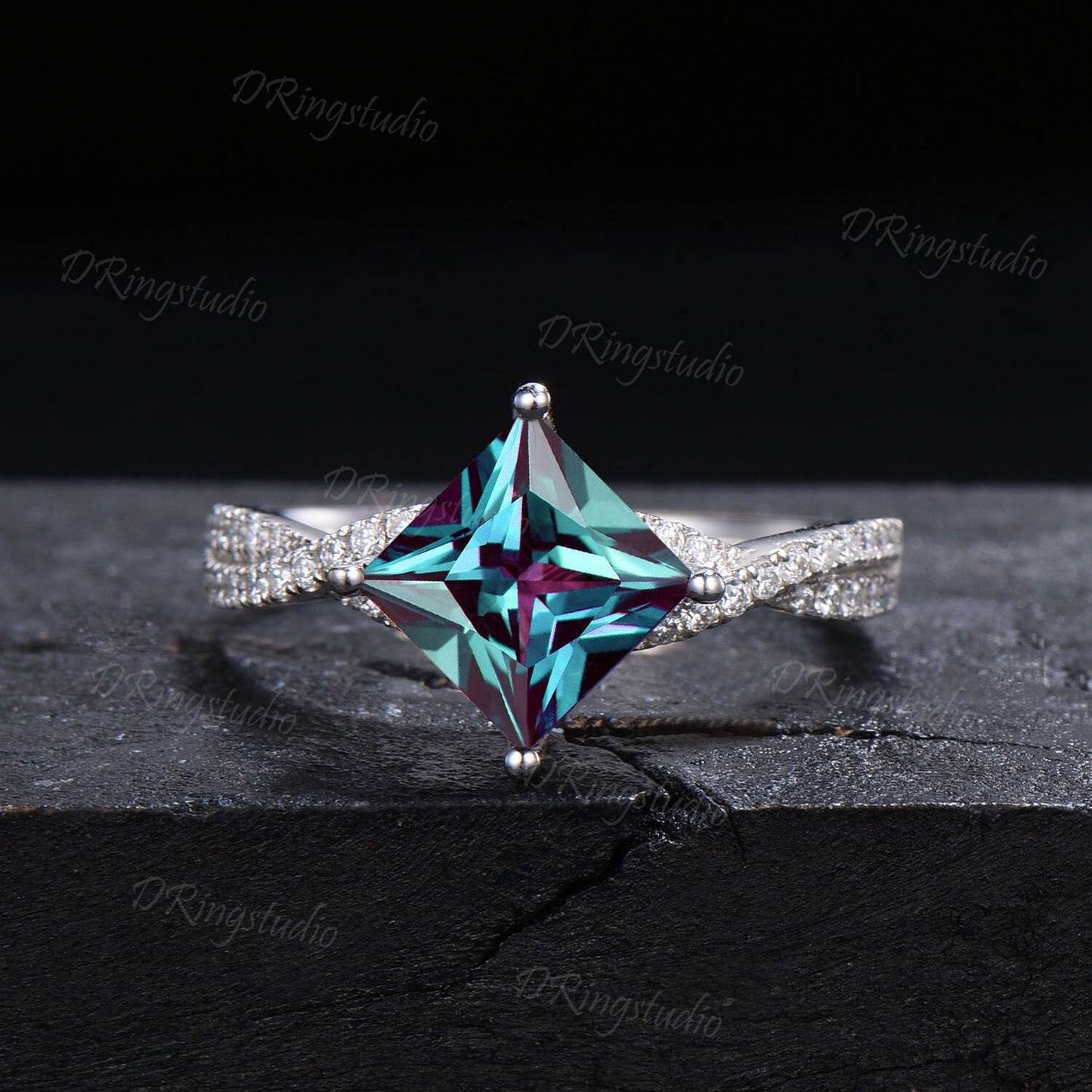 Unique Princess Cut Alexandrite Engagement Ring Set Twisted Band Alexandrite Ring 14k White Gold Diamond Bridal Ring Set Anniversary Gift