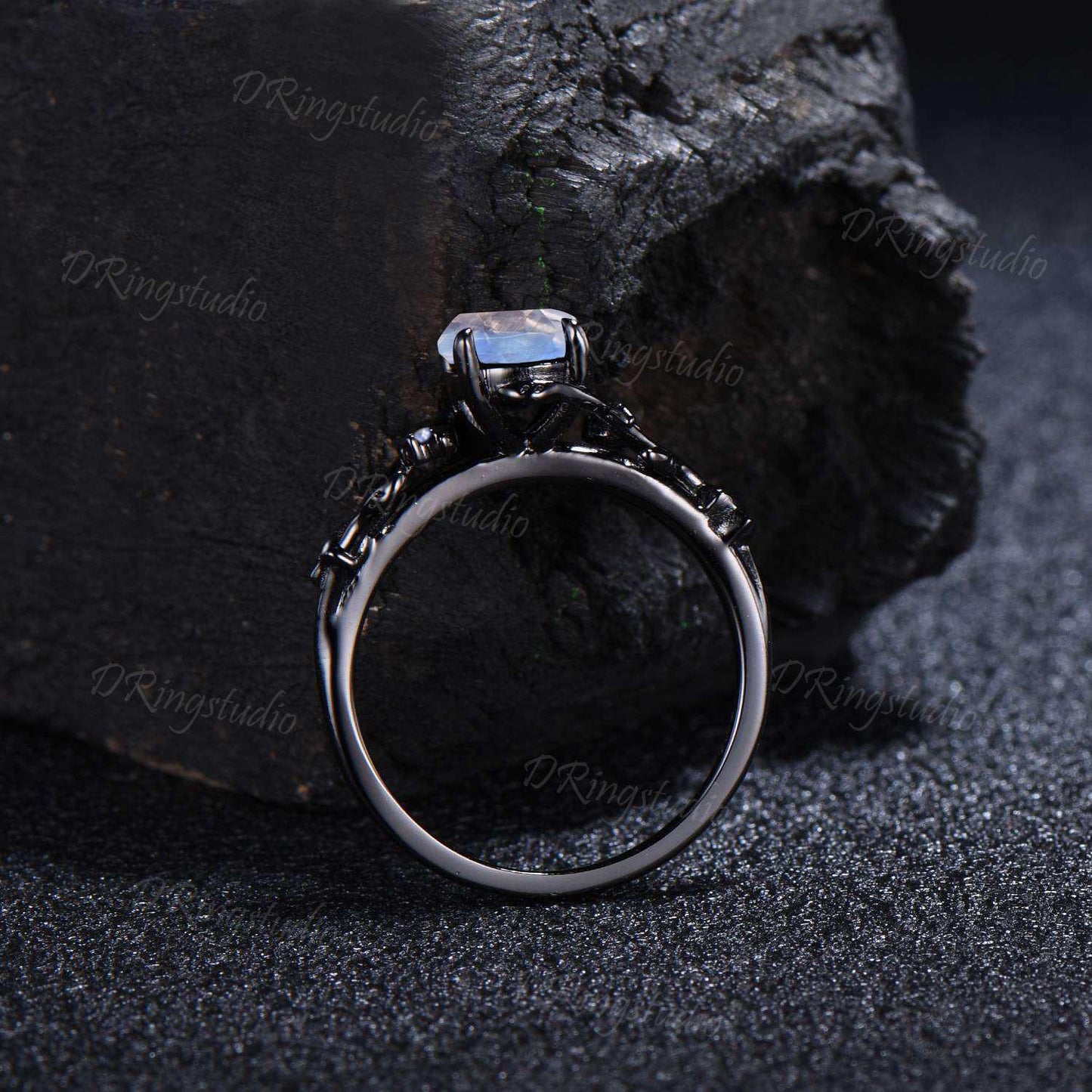 Unique 1ct Rose Cut Natural Rainbow Moonstone Engagement Ring Black Moon Leaf Blue Moonstone Wedding Ring Gothic Black Gold Twig Leaf Ring