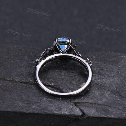 Unique 1ct Rose Cut Natural Rainbow Moonstone Engagement Ring Black Moon Leaf Blue Moonstone Wedding Ring Gothic Black Gold Twig Leaf Ring