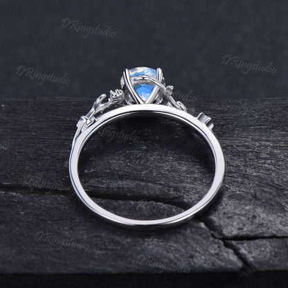 Unique 1ct Rose Cut Natural Rainbow Moonstone Engagement Ring Black Moon Leaf Blue Moonstone Wedding Ring Gothic Black Gold Twig Leaf Ring