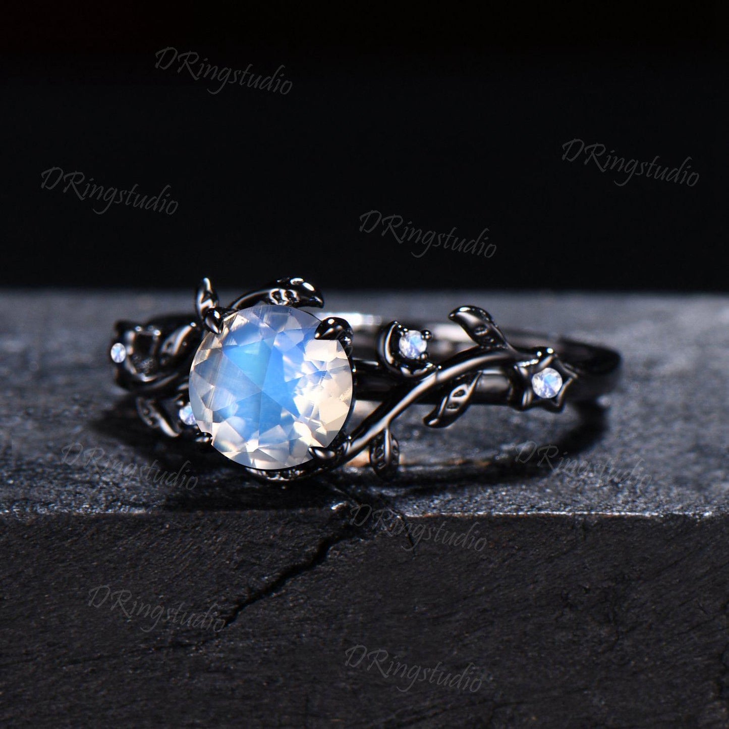 Unique 1ct Rose Cut Natural Rainbow Moonstone Engagement Ring Black Moon Leaf Blue Moonstone Wedding Ring Gothic Black Gold Twig Leaf Ring