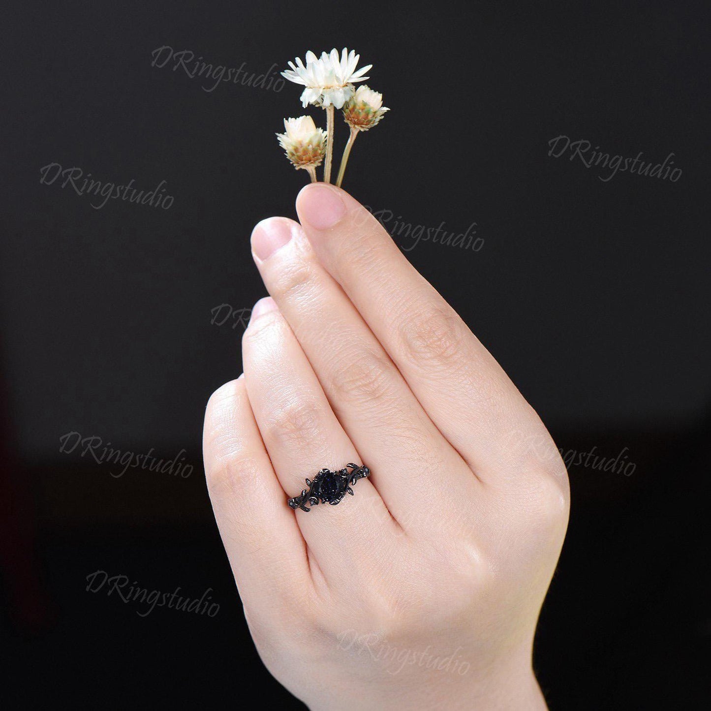 Round Black Rutilated Quartz Engagement Ring Nature Inspired Black Gold Leaf Vine Wedding Ring Celestial Black Gemstone Ring Proposal Gift