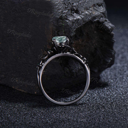 Black Gold Branch Leaf Ring Nature Inspired Round Moss Agate Engagement Ring Celestial Moon Natural Green Moss Wedding Ring Anniversary Gift