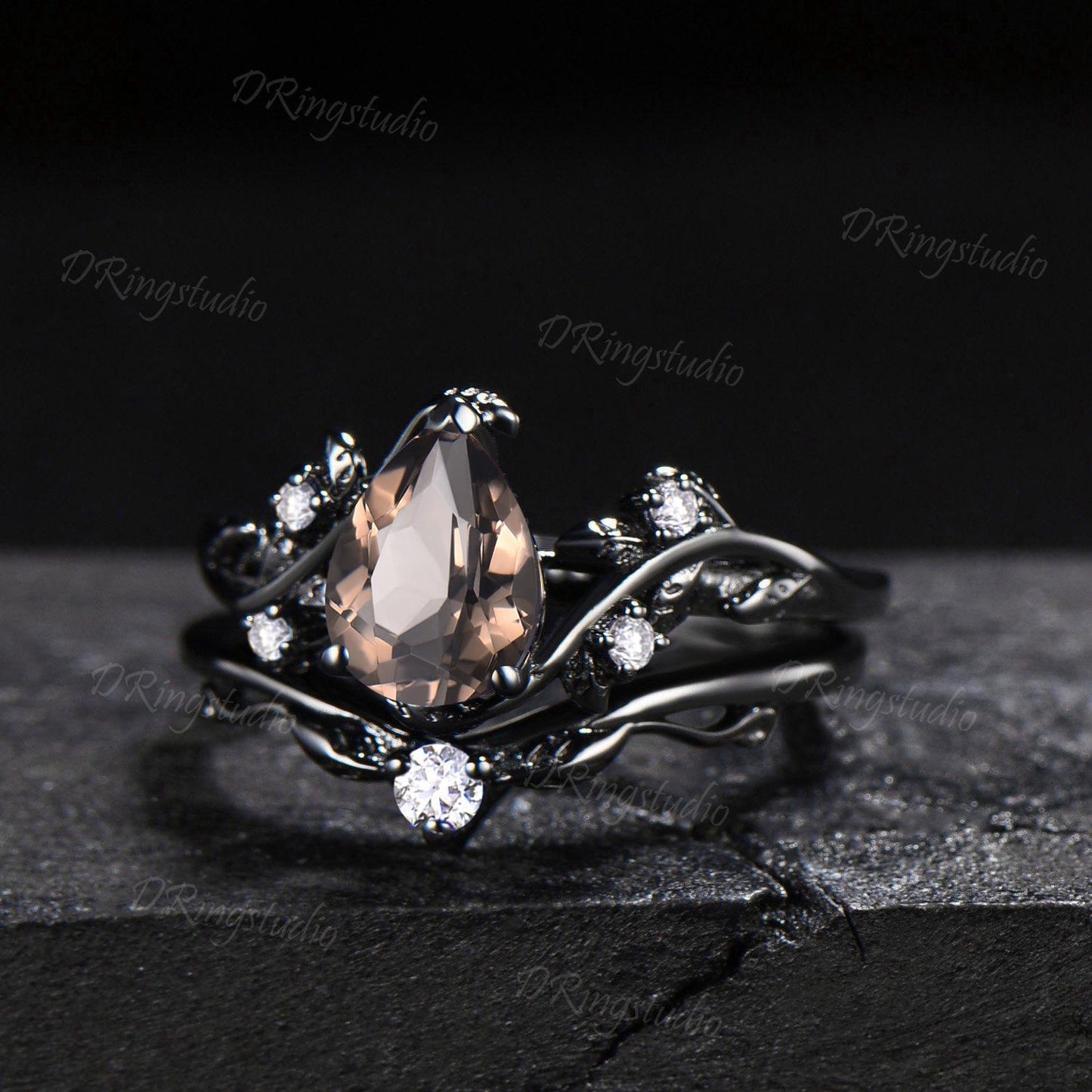 Vintage Teardrop Smoky Quartz Engagement Ring Gothic Black Gold Brown Quartz Bridal Set Nature Inspired Twig Leaf Moissanite Wedding Ring