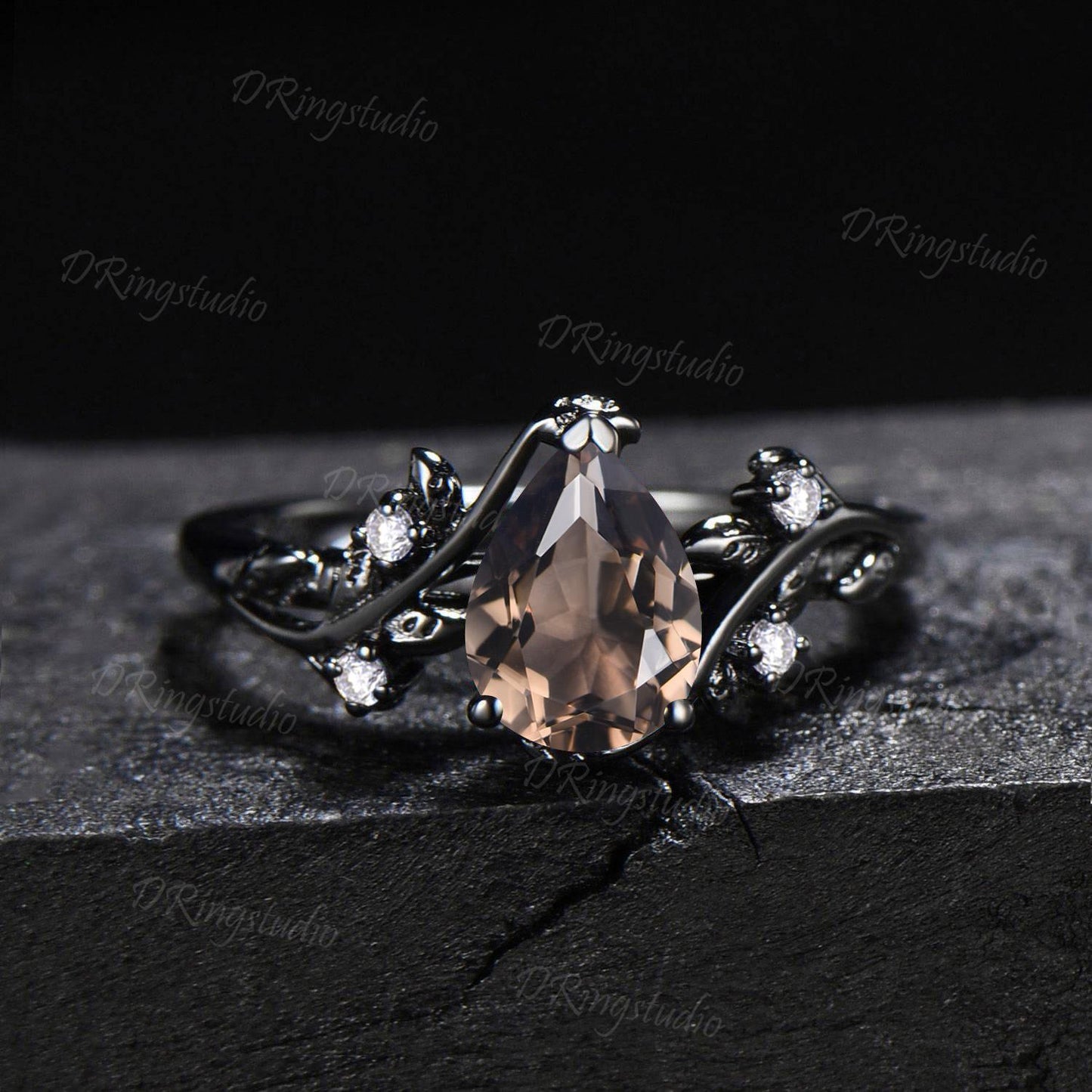 Vintage Teardrop Smoky Quartz Engagement Ring Gothic Black Gold Brown Quartz Bridal Set Nature Inspired Twig Leaf Moissanite Wedding Ring