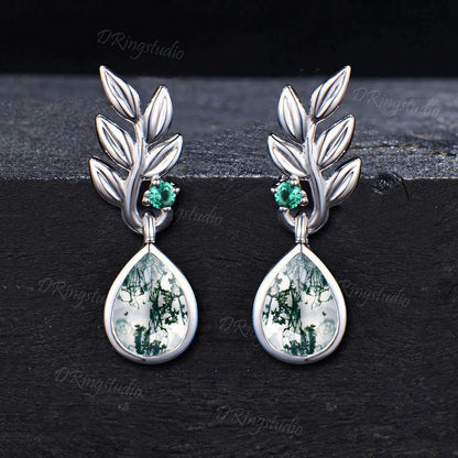 Pear Natural Moss Agate Earrings Necklace Jewelry Set 14k White Gold Nature Inspired Necklace Gold Leaf Emerald Earrings Wedding Jewelry Set