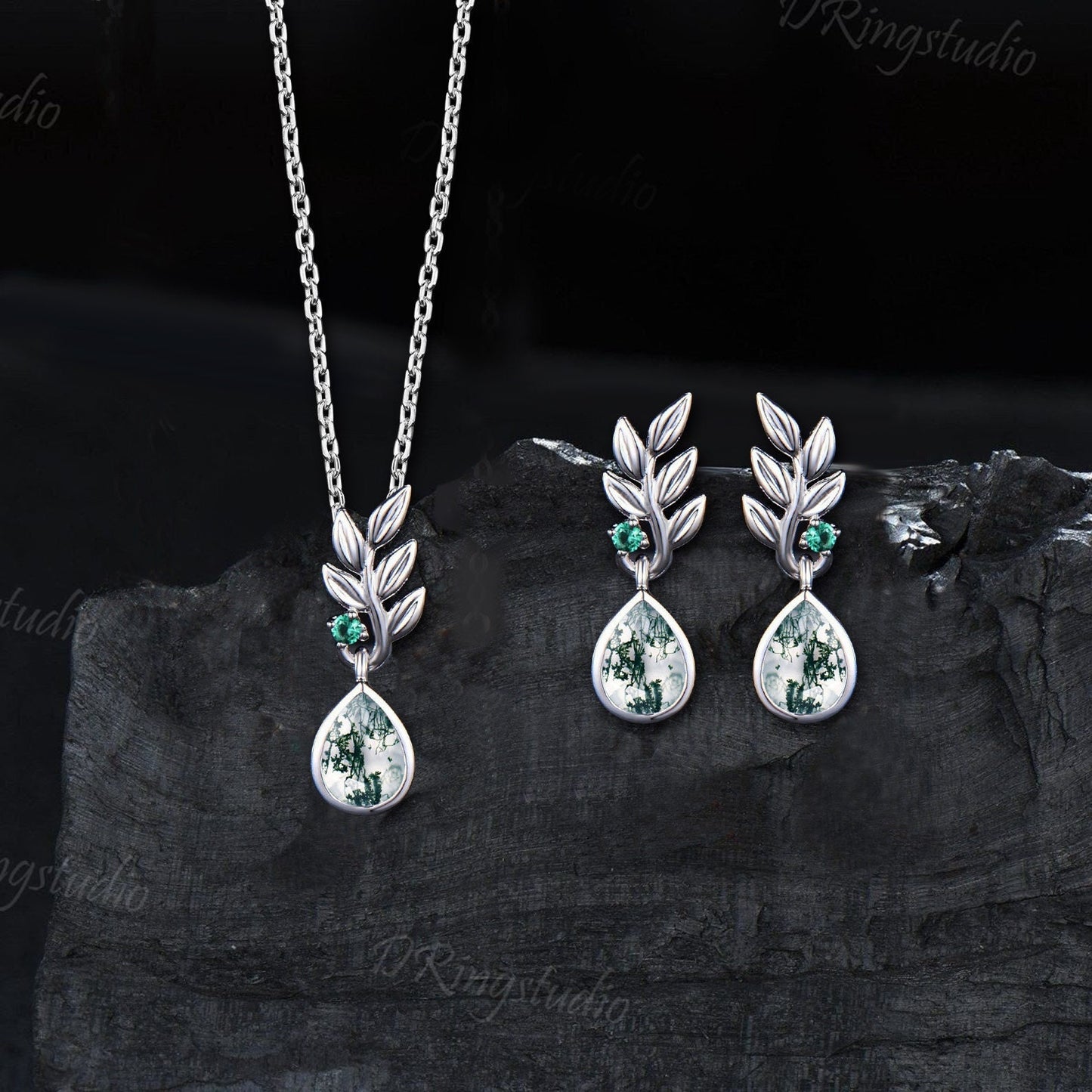 Pear Natural Moss Agate Earrings Necklace Jewelry Set 14k White Gold Nature Inspired Necklace Gold Leaf Emerald Earrings Wedding Jewelry Set