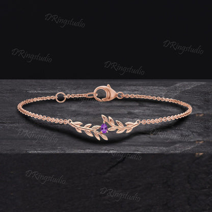 Nature inspired Pear Shaped Amethyst Bracelet Dainty Rose Gold Twig Leaf Vine Bracelet Art Deco Stackable Bracelet Birthday Gift For Women