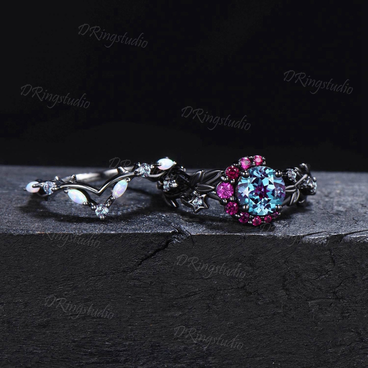 Black Gold Moon Leaf Ring Unique 1CT Round Alexandrite Engagement Ring Set Witchy Black Star Moon Ring Cluster Alexandrite Ruby Bridal Set