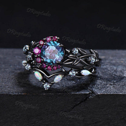 Black Gold Moon Leaf Ring Unique 1CT Round Alexandrite Engagement Ring Set Witchy Black Star Moon Ring Cluster Alexandrite Ruby Bridal Set