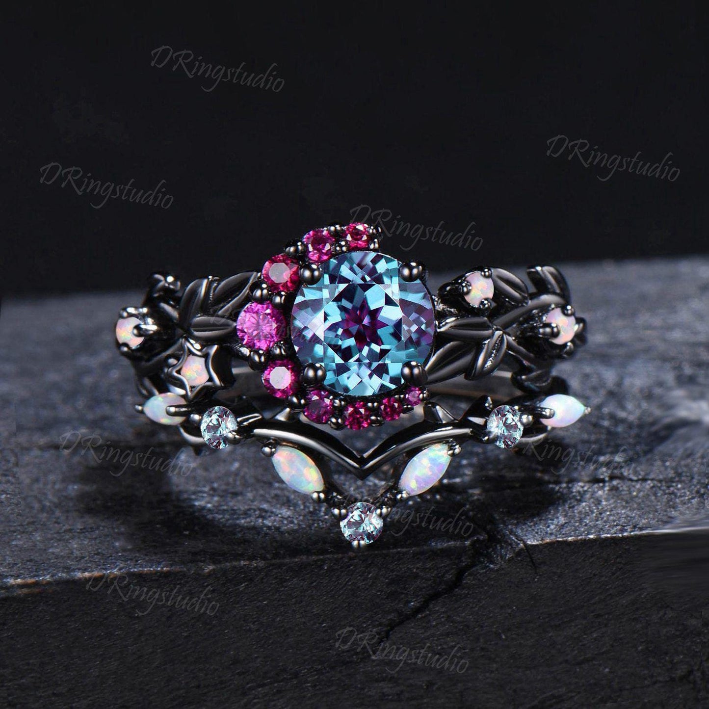 Gothic Moon Star Ring Black Gold Round Alexandrite Engagement Ring Uniuqe Halo Ruby Bridal Ring Set Moon Leaf Wedding Ring Anniversary Gift