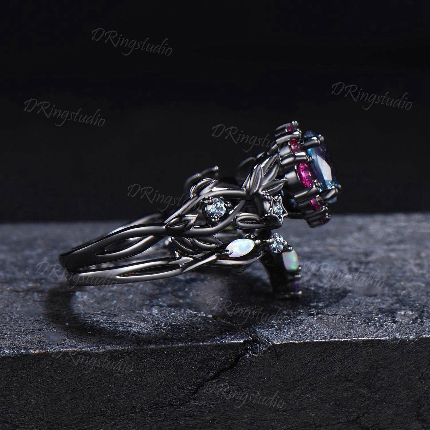 Black Gold Moon Leaf Ring Unique 1CT Round Alexandrite Engagement Ring Set Witchy Black Star Moon Ring Cluster Alexandrite Ruby Bridal Set