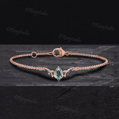 Rose Gold Branch Leaf Bracelet Nature Inspired Wedding Bracelet Pear Shaped Natural Moss Agate Bracelet Boho Bridal Jewelry Proposal Gift