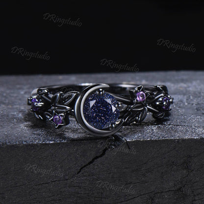 Unique Moon Leaf Ring Gothic Black Galaxy Orion Nebula Ring Black Gold Blue Sandstone Engagement Ring Moon Star Bridal Ring Set Witchy Ring