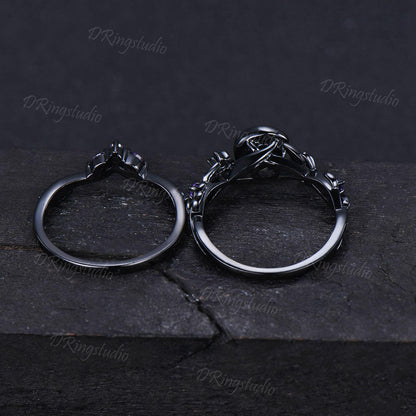 Unique Moon Leaf Ring Gothic Black Galaxy Orion Nebula Ring Black Gold Blue Sandstone Engagement Ring Moon Star Bridal Ring Set Witchy Ring