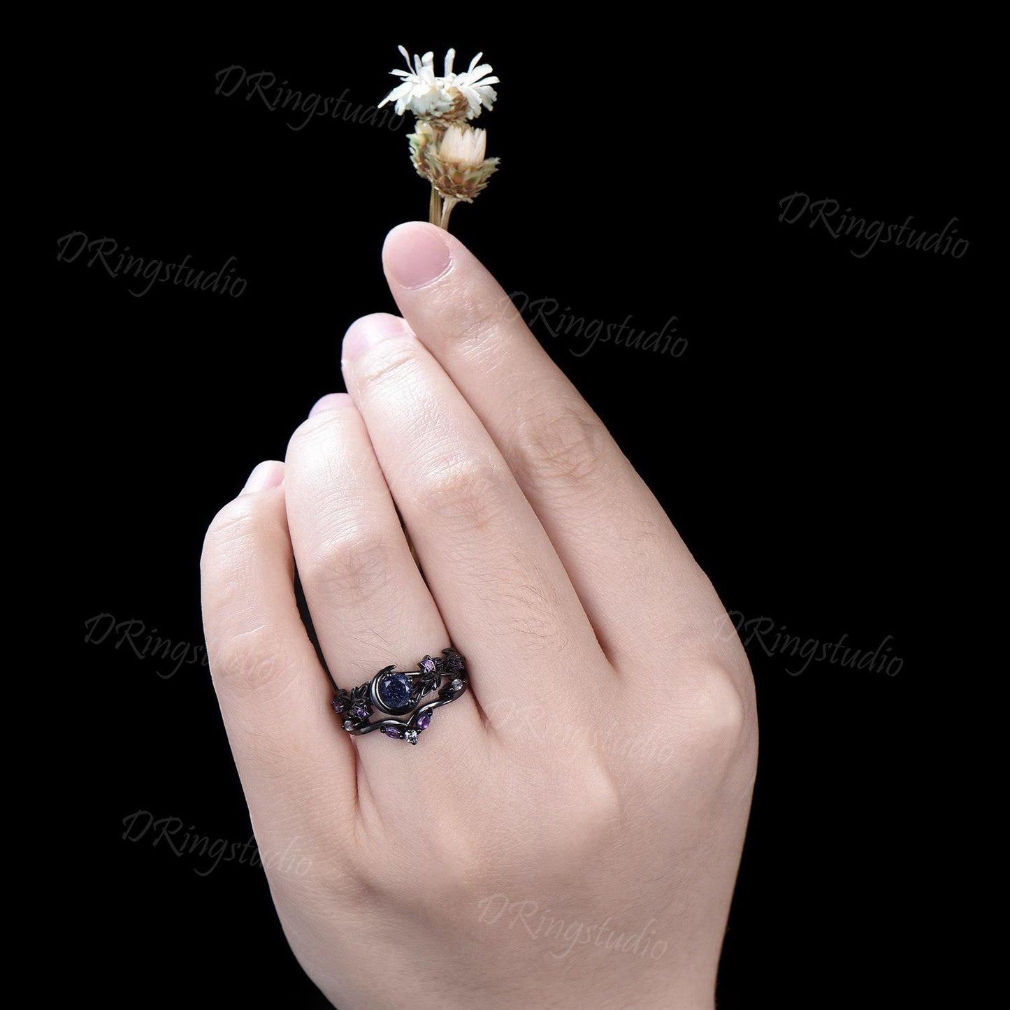 Unique Moon Leaf Ring Gothic Black Galaxy Orion Nebula Ring Black Gold Blue Sandstone Engagement Ring Moon Star Bridal Ring Set Witchy Ring