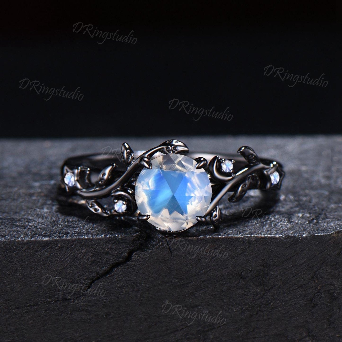 Unique 1ct Rose Cut Natural Rainbow Moonstone Engagement Ring Black Moon Leaf Blue Moonstone Wedding Ring Gothic Black Gold Twig Leaf Ring