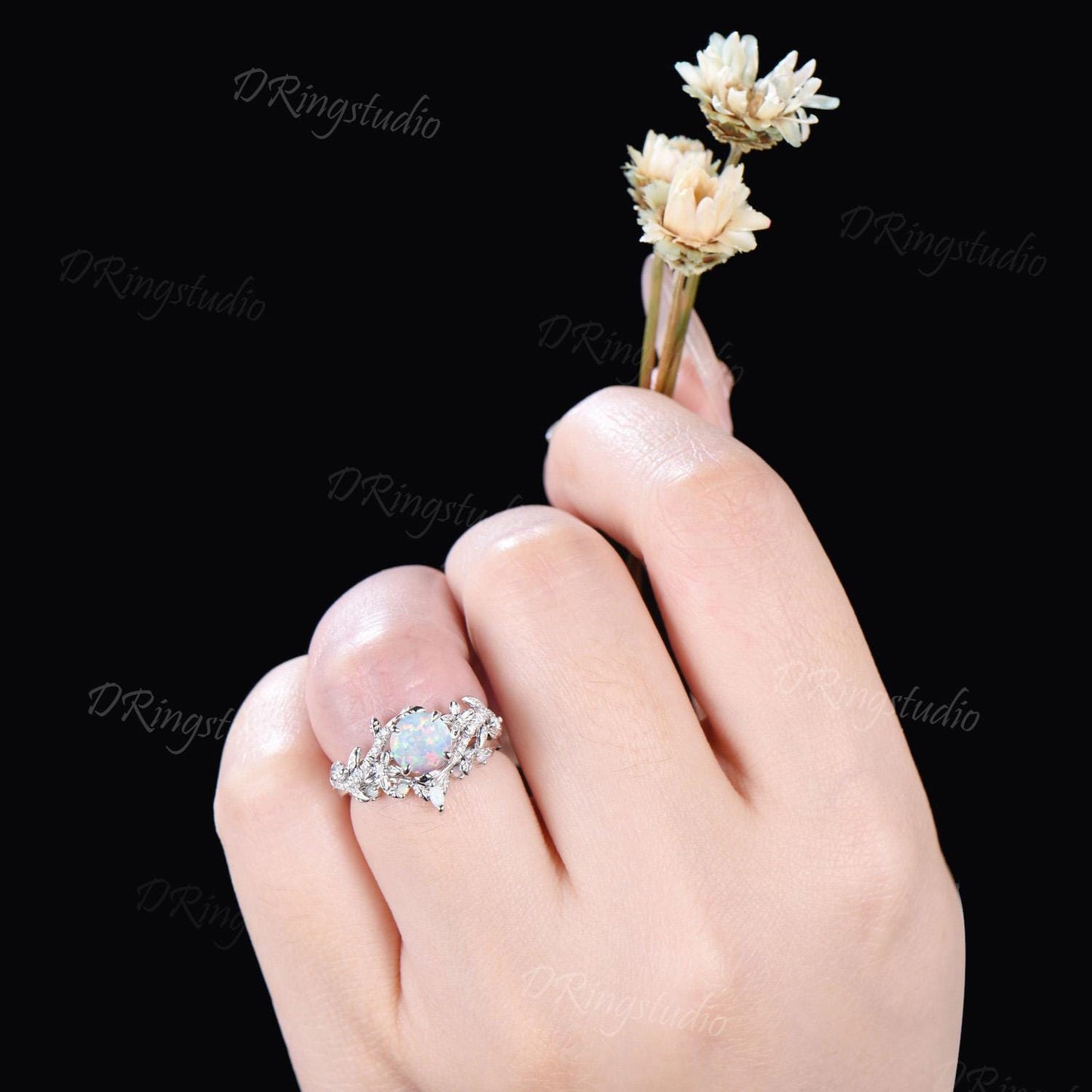 Nature Inspired Round Opal Engagement Ring White Gold Moissanite Floral Wedding Ring Leaf Branch Bridal Ring Set Promise Gift For fiancee