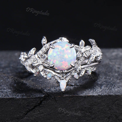 Nature Inspired Round Opal Engagement Ring White Gold Moissanite Floral Wedding Ring Leaf Branch Bridal Ring Set Promise Gift For fiancee