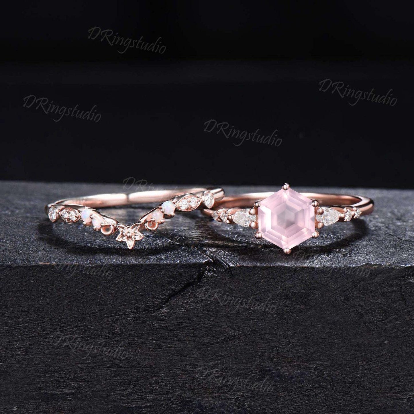 Vintage Hexagon Natural Rose Quartz Engagement Ring Rose Gold Floral Moissanite Wedding Ring Pink Crystal 7 Stone Ring Proposal Gift for Her