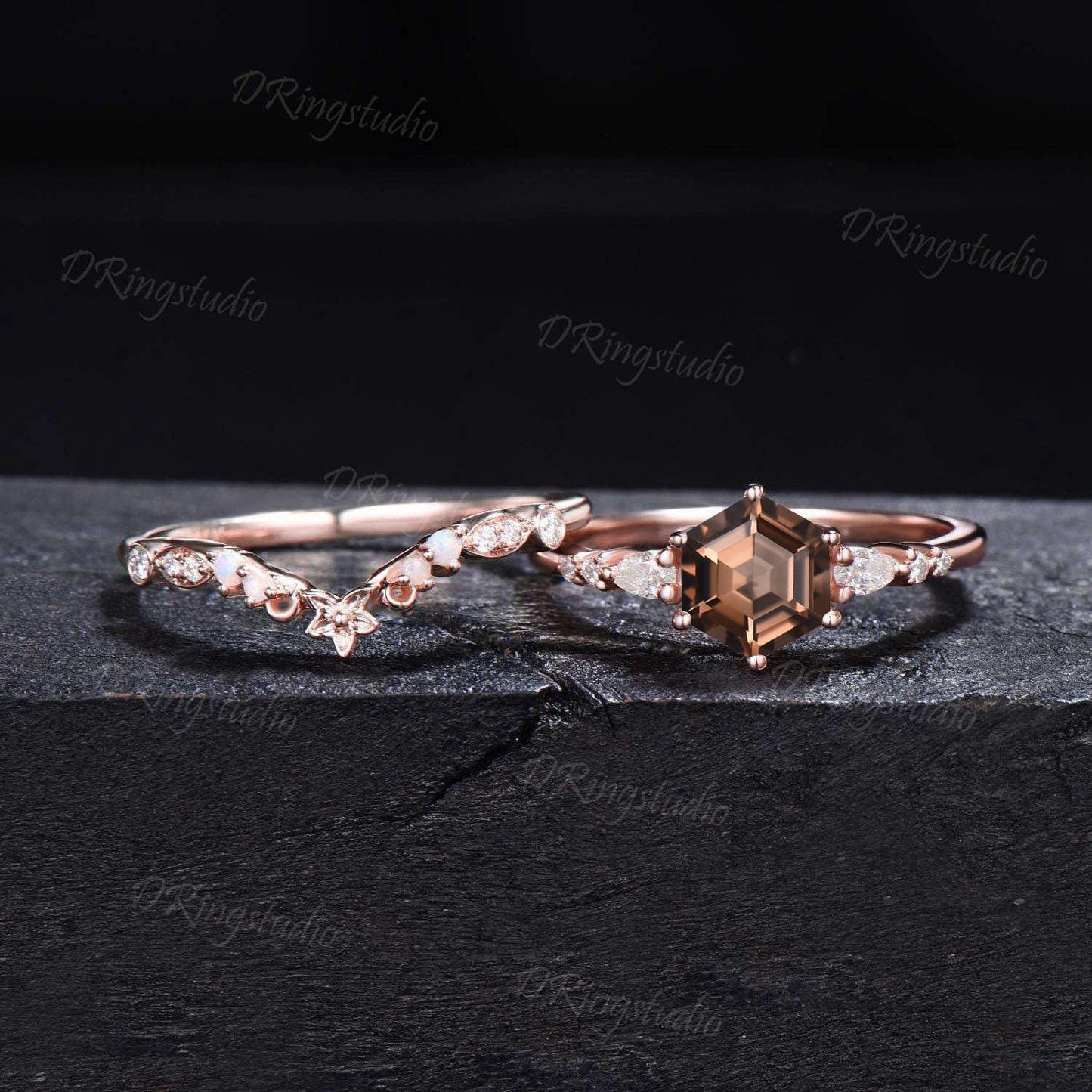 Unique Hexagon Cut Smoky Quartz Engagement Ring Cluster Opal Moissanite Bridal Set Rose Gold Brown Quartz Floral Wedding Ring Promise Gift